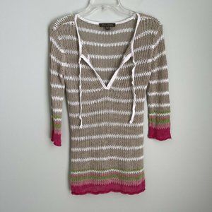 Tommy Bahama Beige Striped Open Knit Linen Blend Tie Front Tunic Cover